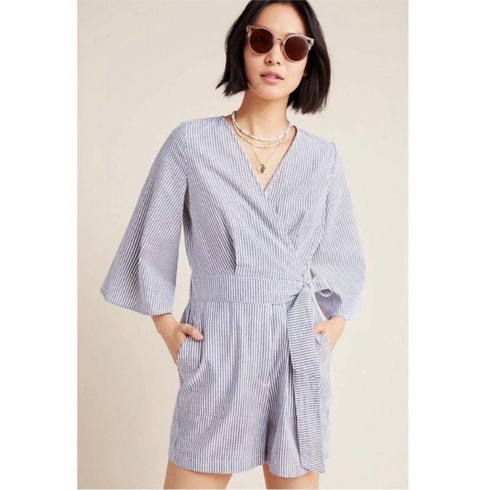 NWT Anthropologie Amadi Meghan Striped Romper in White Blue Size Small